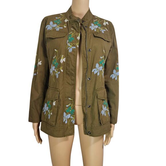 Olive Embroidered Floral Belted Zip Up Utility Standing Collar Jacket Size Med - Picture 1 of 10